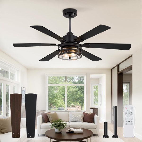 Farmhouse Ceiling Fans with Lights and Remote,Industrial Large Ceiling Fan with 6-Speed Reversible DC Motor and 6 Dual Finish Blades,Black Ceiling Fan with Light for Living bedroom Patio