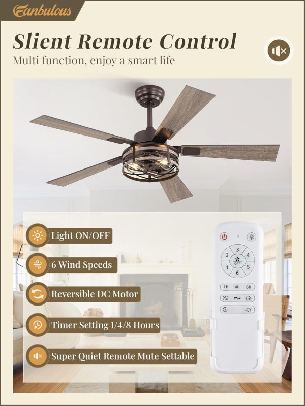 Farmhouse Ceiling Fans with Light, 48 Inch Bedroom Ceiling Fan with Lights, 6-Speed Adjustable, Quiet and Reversible DC Motor, 5 Dual Finish Blades, Rustic Caged Ceiling FanOil Bronze