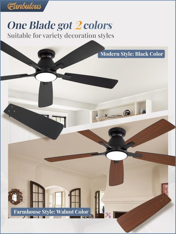 52 inch Ceiling Fans with Lights, Smart Flush Mount Ceiling Fan and Remote APP, Modern Low Profile, 3CCT 20W LED with 6-Speeds Quiet Reversible Motor for Bedroom, Living Room, Kitchen, Black