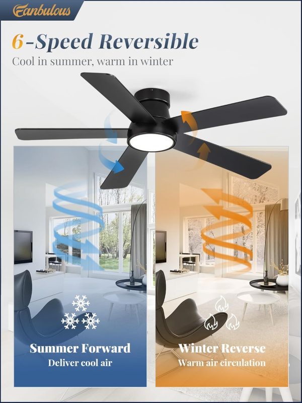 48 Inch Ceiling Fans with Lights and Remote,Outdoor Indoor Modern Flush Mount Ceiling Fan with 3CCT 6-Speed Quiet DC Motor,Black Small Low Profile Ceiling Fan for Bedroom Living Room Office(Black)