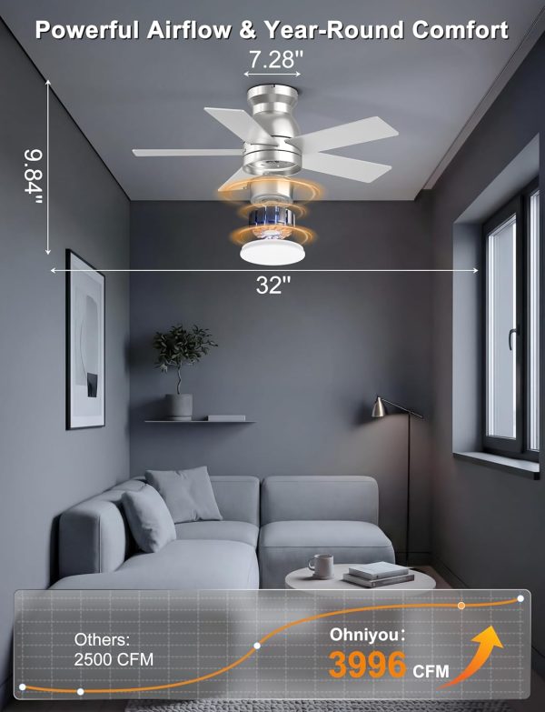 Ceiling Fans with Lights, 32 Inch Low Profile Ceiling Fan with Light and Remote/APP Control, Flush Mount, Dimmable, Qiuet DC Motor, Silver Small Indoor Ceiling Fan for Bedroom, Kitchen