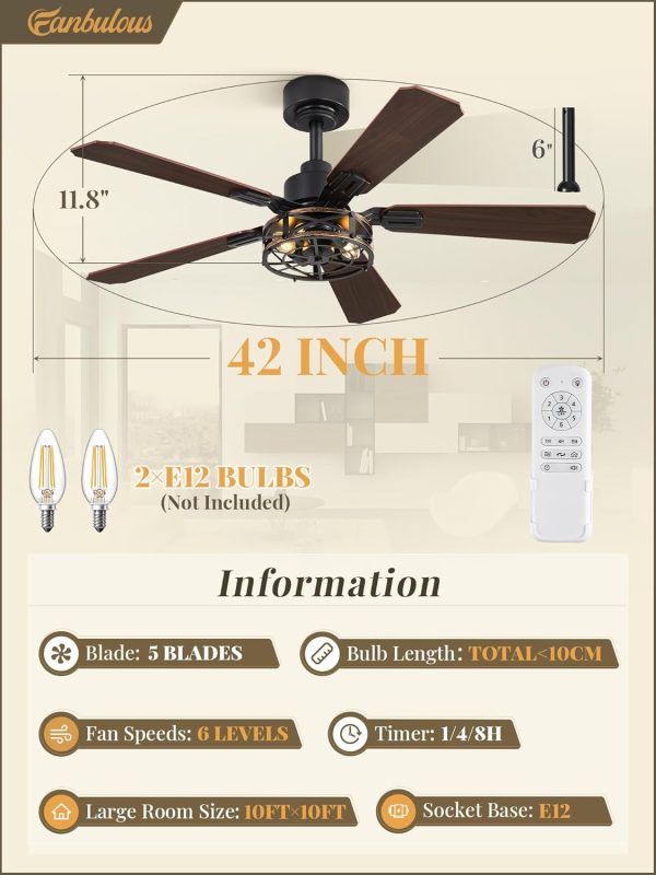 3 Pack 42 Inch Rustic Caged Ceiling Fan with Lights, Black Farmhouse Ceiling Fans for Bedroom Living Room, Double-Sided 5 Blades Rustic Ceiling Fan