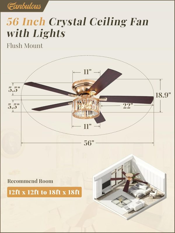 56 Inch Crystal Fandelier Ceiling Fan with Light, Gold Modern Ceiling Fan with 6-Speeds, Quiet Reversible DC Motor, Flush Mount Ceiling Fans with Lights for Bedroom, Living Room