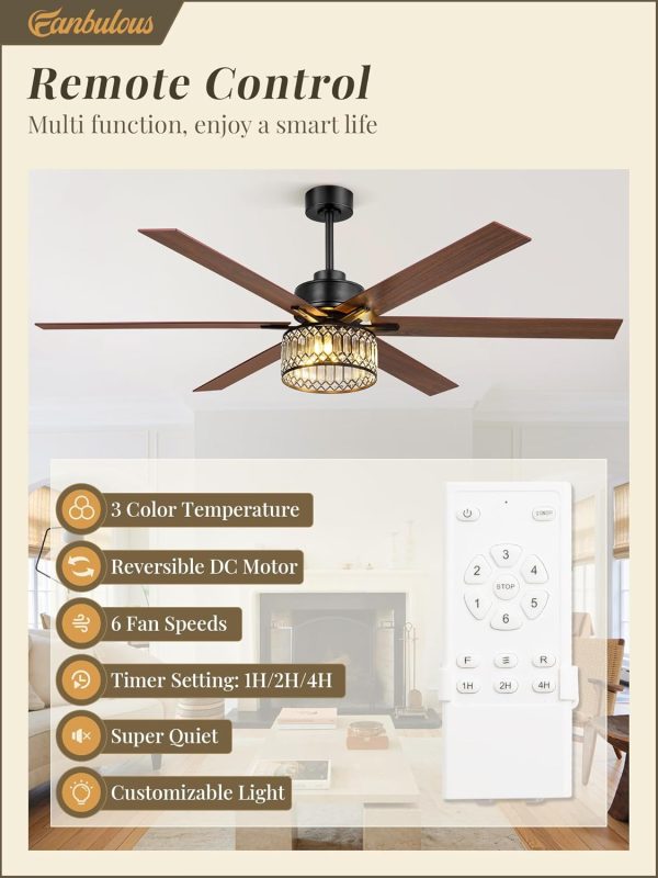 65 Inch Farmhouse Crystal Ceiling Fan with Lights and Remote, Chandelier Ceiling Fan with Quiet Reversible DC Motor, Wood Blades - Ideal for Bedroom