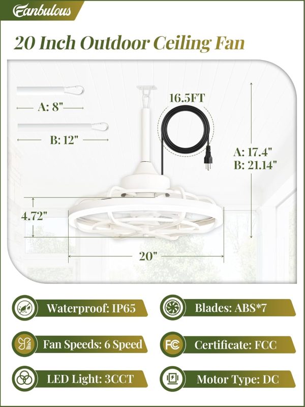 Outdoor Ceiling Fans with Light for Patios, 20" Weatherproof Plug in Ceiling Fan, Gazebo Fan Remote&APP Control, 3CCT Dimmable,Caged Ceiling Fan with Hanging Hook for Porch, Pergola,Canopy