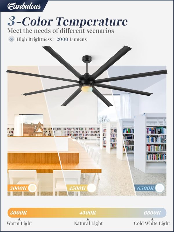 100 Inch Large Ceiling Fans with Lights and Remote,Outdoor Industrial Ceiling Fan with 8 Aluminum Blades DC Motor and 6-Speed,Black Big Assed Ceiling Fan for Shop Porch Garage Living Room