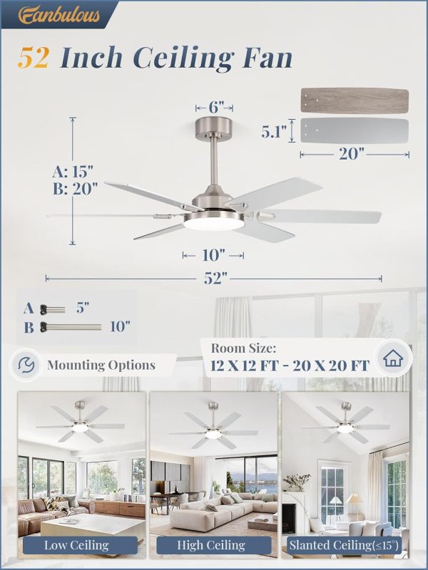 52 Inch Ceiling Fans with Lights, Indoor/Outdoor Modern Ceiling Fan with Reversible Blade And 2 Rods, Quiet DC Motor, 3CCT & 6-Speed Remote Control, Dual Finish Blade for Living Room/Bedroom
