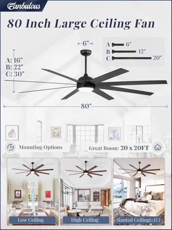 Ceiling Fans with Lights, 80 inch Large Ceiling Fan with Light and Remote, Outdoor Black Ceiling Fan for Living Room Patio, 6 Speeds, Reversible Quiet DC Motor, 3 CCT, Bi-color 8 Blades