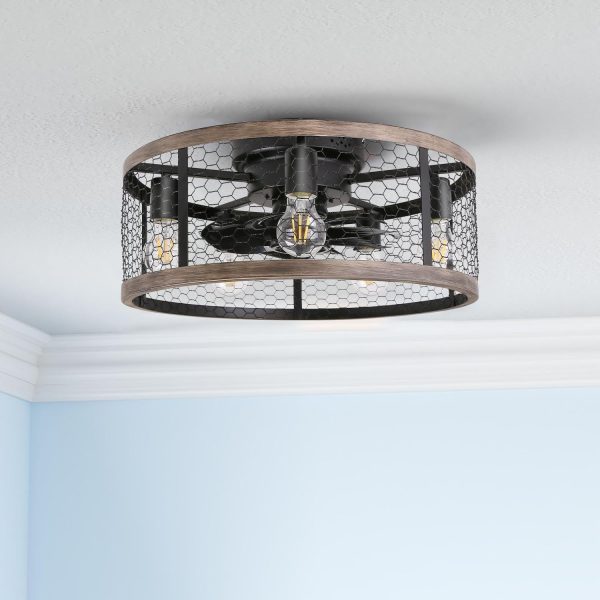 Flush Mount Caged Ceiling Fan with Lights Remote Control, Farmhouse Rustic Low Profile Small Vintage Enclosed Ceiling Fan Lighting Fixture Bedroom Dining Room