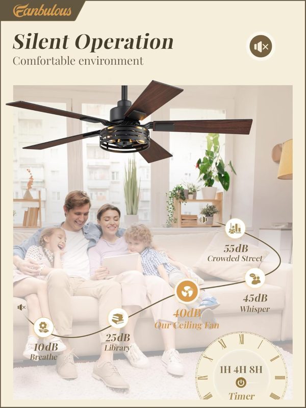 Farmhouse Caged Ceiling Fans with Lights and Remote, 42 Inch Black Bedroom Ceiling Fans for Living Room Kitchen6 Speed Reversible Quiet DC Motor, Dual Finish 5 Blades