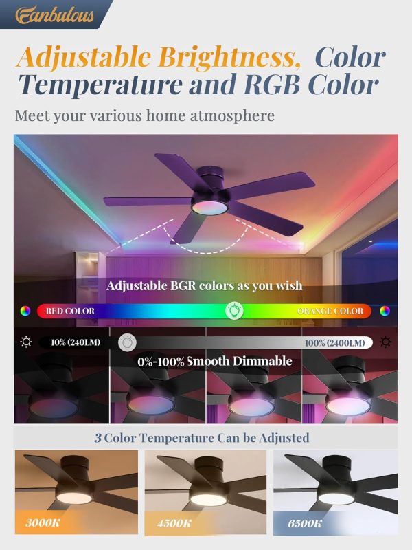 48 Inch Ceiling Fans with Lights and Remote,Indoor Modern Flush Mount Ceiling Fan with 3CCT 6-Speed Quiet DC Motor,Small Low Profile Ceiling Fan for Bedroom Living Room Office(Black RGB)