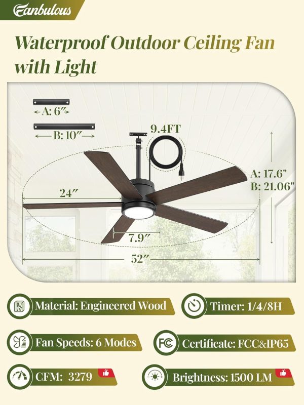 52 In Outdoor Ceiling Fan Hanging Fan Outdoor Ceiling Fans, Waterproof, with Light, Remote, 52 In, Wet Rated, IP65, 6 Speed, 3CCT, Plug in, for Patios, Porch, Gazebo, Black