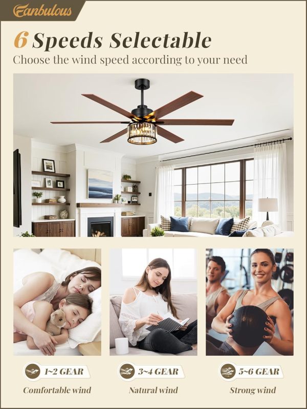 65 Inch Farmhouse Crystal Ceiling Fan with Lights and Remote, Chandelier Ceiling Fan with Quiet Reversible DC Motor, Wood Blades - Ideal for Bedroom