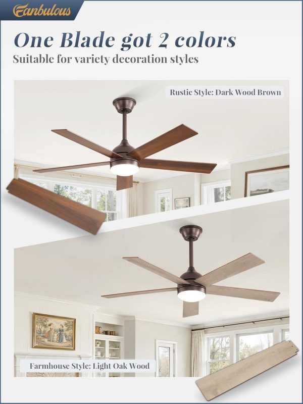 48 Inch Ceiling Fan with Light and Remote, Brown Ceiling Fans with Light, 5 Dual-Color Blades, Reversible Quiet DC Motor, 6 Speeds, 3CCT Adjustable LED for Bedroom Living Room Kitchen Patio