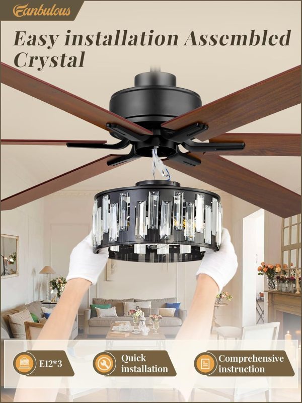 65 Inch Farmhouse Crystal Ceiling Fan with Lights and Remote, Chandelier Ceiling Fan with Quiet Reversible DC Motor, Wood Blades - Ideal for Bedroom