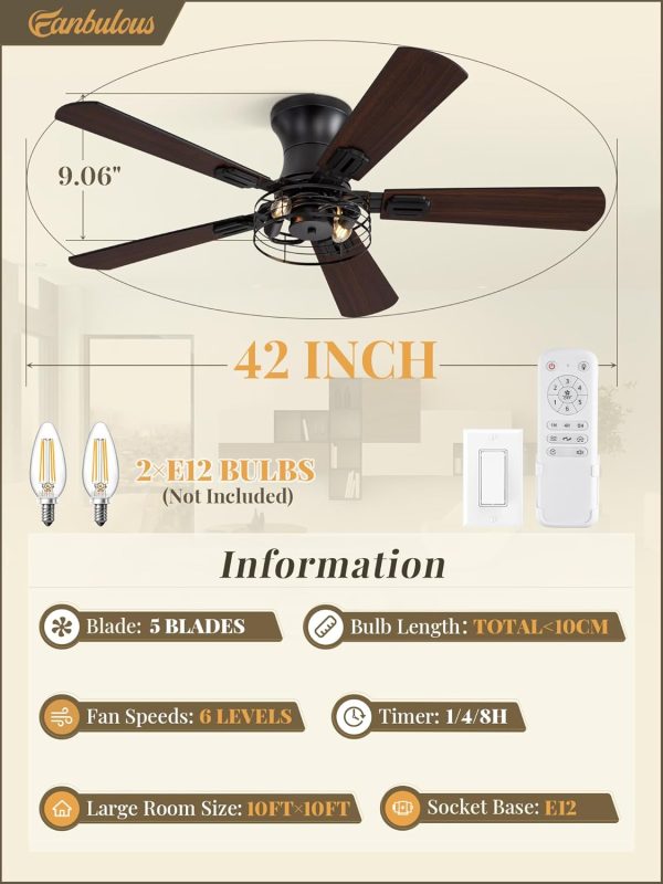 2 Pack 42 Inch Rustic Caged Ceiling Fan with Lights, Black Farmhouse Ceiling Fans for Bedroom Living Room, Double-Sided 5 Blades Rustic Ceiling Fan