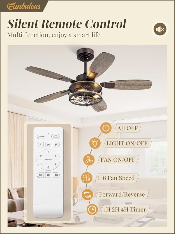 42 Inch Farmhouse Ceiling Fan with Light and Remote, Oil Bronze Industrial Flush Mount Ceiling Fans with 6 Speed Reversible Motor and Dual Finish 5 Blades, Rustic Ceiling Fan for Living Room, Bedroom