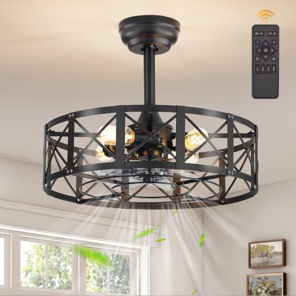 20 Inch Fandelier Caged Ceiling Fans with Lights and Remote, Farmhouse Rustic Ceiling Fan, Black