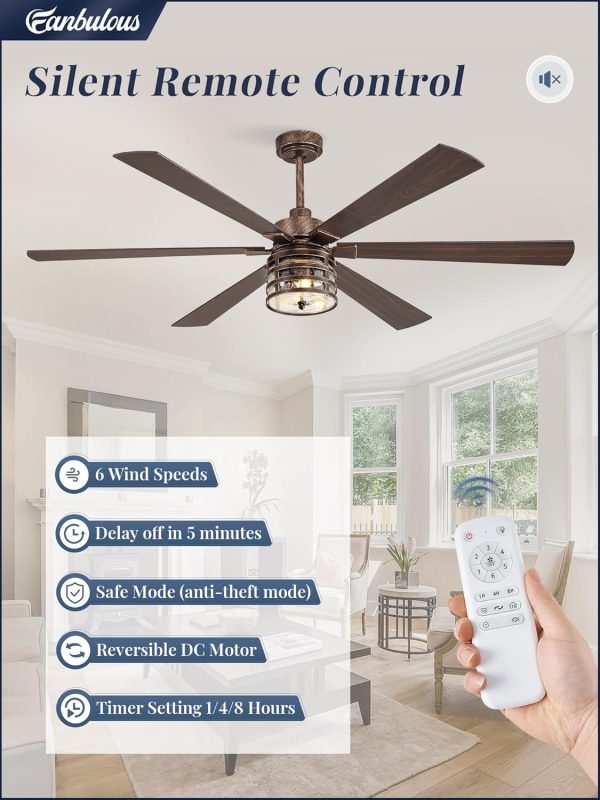 Farmhouse Ceiling Fans with Lights and Remote,Industrial Large Ceiling Fan with 6-Speed Reversible DC Motor and 6 Dual Finish Blades,Black Ceiling Fan with Light for Living bedroom Patio