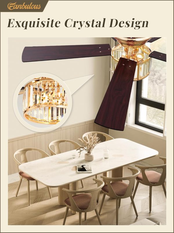 56 Inch Crystal Fandelier Ceiling Fan with Light, Gold Modern Ceiling Fan with 6-Speeds, Quiet Reversible DC Motor, Flush Mount Ceiling Fans with Lights for Bedroom, Living Room