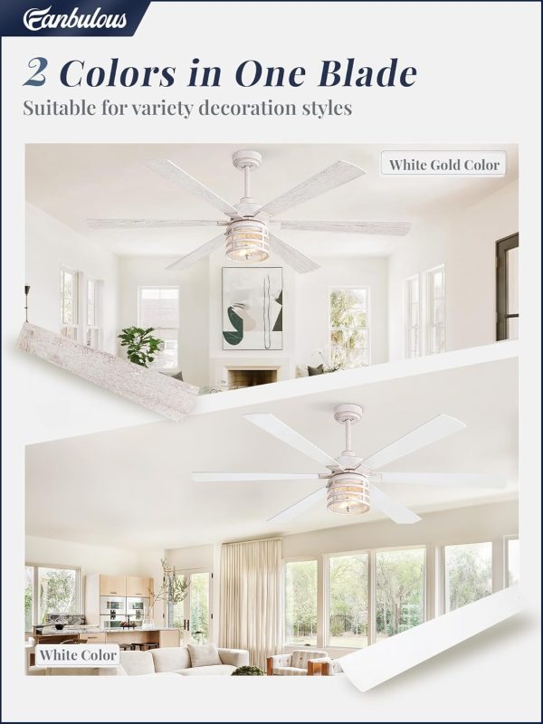 65 Inch Modern Ceiling Fans with Lights and Remote,Farmhouse Large Ceiling Fan with 6-Speed Reversible DC Motor and 6 Dual Finish Blades,White Ceiling Fan with Light for Living Bedroom Patio