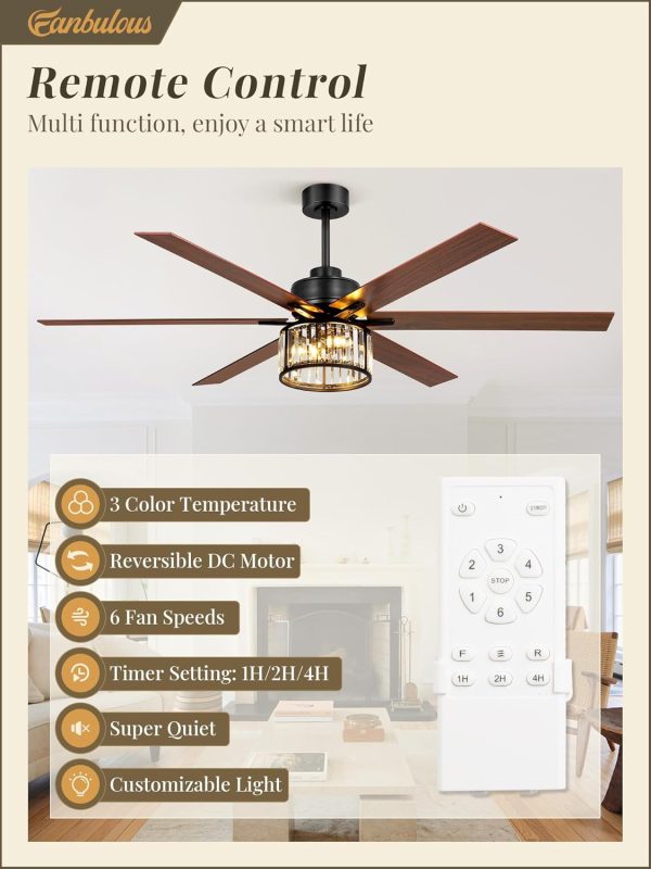 65 Inch Farmhouse Crystal Ceiling Fan with Lights and Remote, Chandelier Ceiling Fan with Quiet Reversible DC Motor, Wood Blades - Ideal for Bedroom