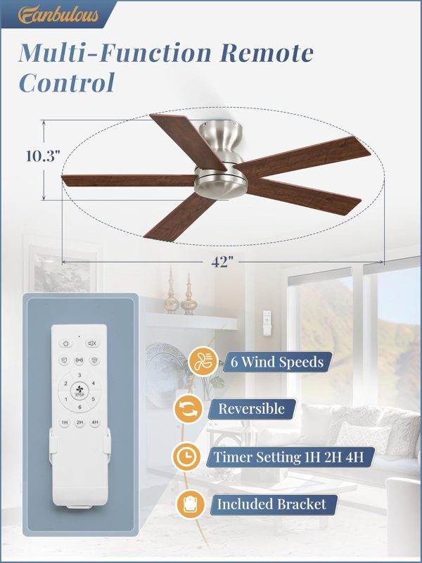 42 Inch Flush Mount Ceiling Fans no Light, Brushed Nickel Modern Ceiling Fans, 6-Speeds, Quiet Reversible DC Motor, Outdoor/Indoor Ceiling Fan for Patios, Living Room, Bedroom