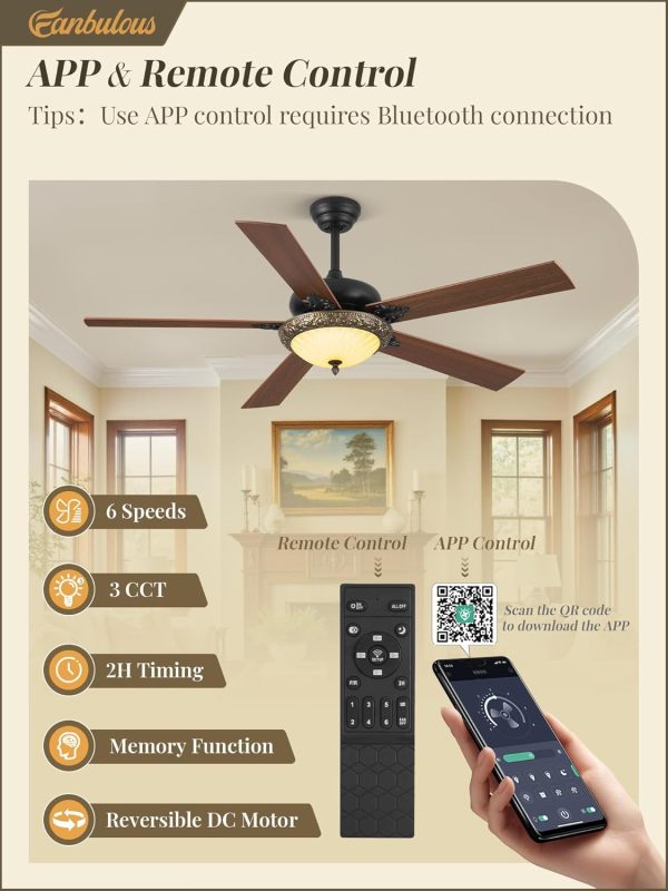 Ceiling Fans with Lights, Rustic Ceiling Fan with Dimmable LED Light, Remote/APP Control,5 Dual Finish Blades,6-Speeds Traditional Ceiling Fan for Bedroom, Living Room,Indoor & Outdoor