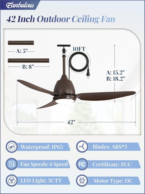 42 In Outdoor Ceiling Fan with Light, Plug-in Ceiling Fans with Waterproof IP65, Smart APP Remote Control, 6-Speed DC Motor, Dimmable 3CCT, Hanging Fans with Cord for Gazebo Patio Porch (Bronze)