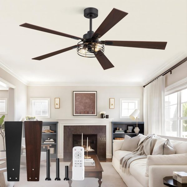1 Pack Farmhouse 60 Inch Ceiling Fans with Lights, Black Industrial Caged Ceiling Fans for Bedroom Living Room, Double-Sided 5 Blades Rustic Ceiling Fan-Black