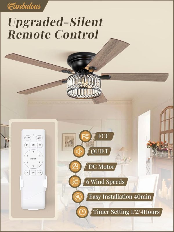 56 Inch Low Profile Chandelier Ceiling Fan with Light, Crystal Ceiling fan with Lights, 6-Speeds, Quiet Reversible DC Motor, Black Flush Mount Ceiling Fans with Remote for Bedroom, Living Room