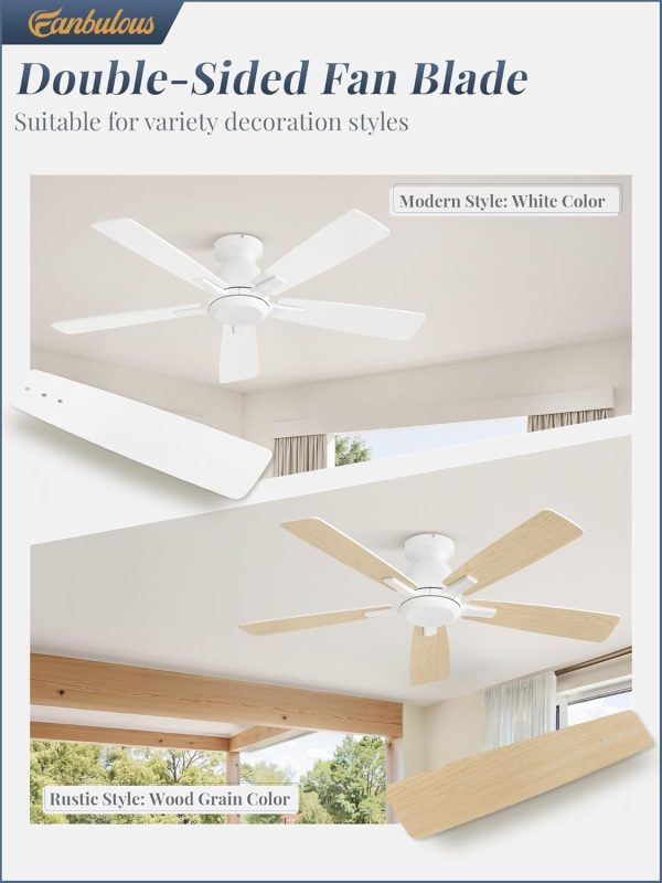 46 Inch Flush Mount Ceiling Fan No Light with Remote,White Modern Low Profile Ceiling Fan Without Light,6-Speeds,Quiet Reversible DC Motor,Indoor&Outdoor Ceiling Fans for Bedroom,Living Room