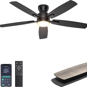 Ceiling Fans with Lights, Low Profile Ceiling Fan with Light and Remote/APP Control, Modern Flush Mount Ceiling Fan for Indoor Bedroom Living Room, Dimmable, Qiuet DC Motor, Black