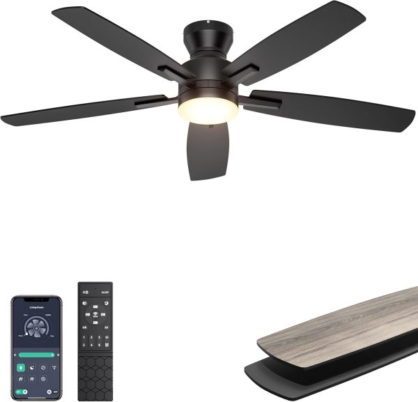 Ceiling Fans with Lights, Low Profile Ceiling Fan with Light and Remote/APP Control, Modern Flush Mount Ceiling Fan for Indoor Bedroom Living Room, Dimmable, Qiuet DC Motor, Black