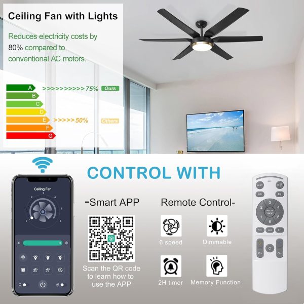 Ceiling Fans with Lights, 56'' Black Ceiling Fan Remote/APP Control, Dimmable, Quiet DC Motor Indoor/Outdoor Ceiling Fan for Living Room, Patios