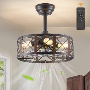 16in Caged Ceiling Fans with Lights and Remote, Fandelier Ceiling Fan with 6 Speeds and Timing, No Beep, Farmhouse Samll Fan Lights Ceiling Fixtures for Kitchen, Bedroom, Outdoor-Walnut
