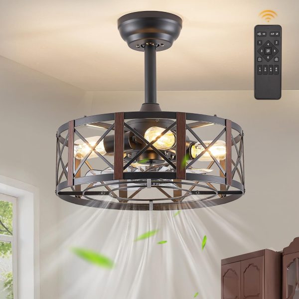 16in Caged Ceiling Fans with Lights and Remote, Fandelier Ceiling Fan with 6 Speeds and Timing, No Beep, Farmhouse Samll Fan Lights Ceiling Fixtures for Kitchen, Bedroom, Outdoor-Walnut