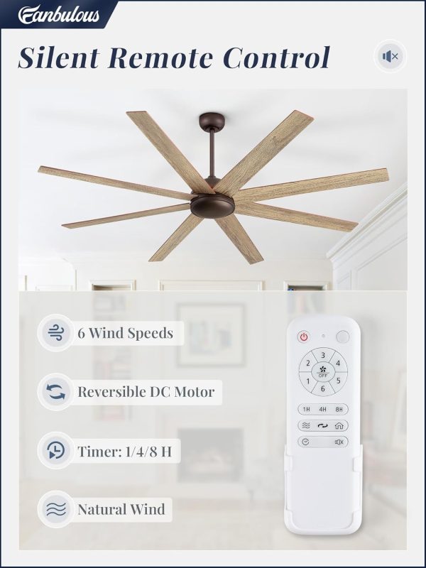 72 Inch Ceiling Fans No Light with Remote, Walnut Indoor/Outdoor Ceiling Fan Without Light with Quiet Reversible DC Motor, 6 Speeds, 8 Blades Large Ceiling Fan for Living Room Bedroom Patio