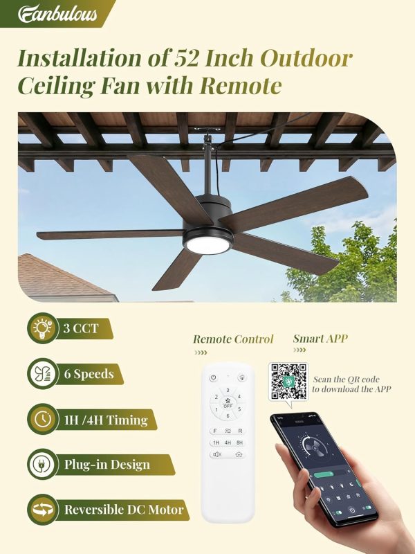 52 In Outdoor Ceiling Fan Hanging Fan Outdoor Ceiling Fans, Waterproof, with Light, Remote, 52 In, Wet Rated, IP65, 6 Speed, 3CCT, Plug in, for Patios, Porch, Gazebo, Black