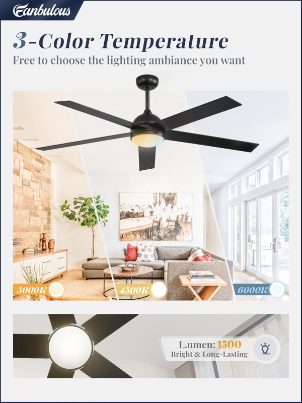 60 Inch Ceiling Fan with Light and Remote, Black Modern Ceiling Fans, Farmhouse Industrial LED Ceiling Fan Lighting Fixture for Bedroom, Kitchen, Indoor, Living Room