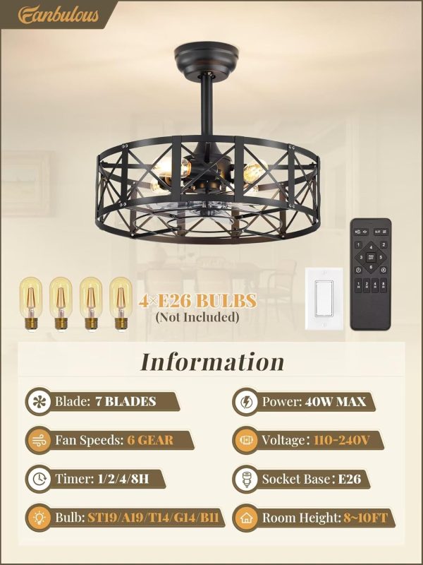 20 Inch Fandelier Caged Ceiling Fans with Lights and Remote, Farmhouse Rustic Ceiling Fan, Black