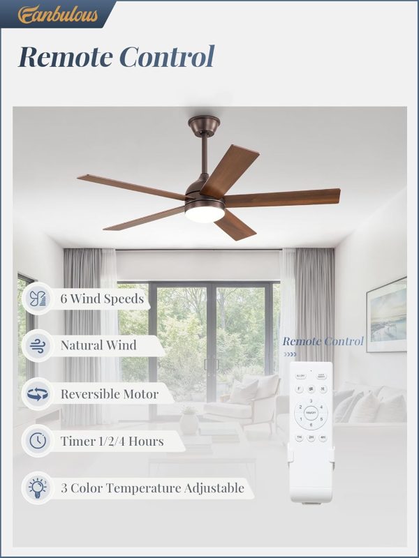 48 Inch Ceiling Fan with Light and Remote, Brown Ceiling Fans with Light, 5 Dual-Color Blades, Reversible Quiet DC Motor, 6 Speeds, 3CCT Adjustable LED for Bedroom Living Room Kitchen Patio