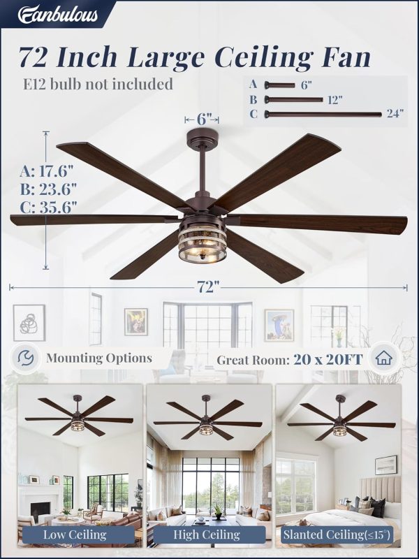 72 Inch Farmhouse Ceiling Fans with Lights and Remote,Industrial Large Ceiling Fan with 6-Speed Reversible DC Motor and 6 Dual Finish Blades,Oil Bronze Ceiling Fan with Light for Living Bedroom Patio