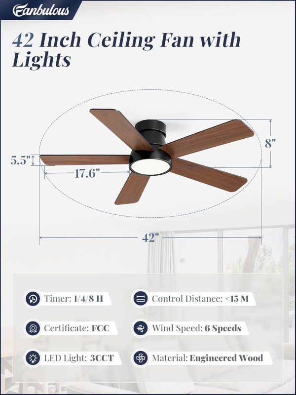 42 Inch Ceiling Fans with Lights and Remote,Outdoor Indoor Modern Flush Mount Ceiling Fan with 3CCT 6-Speed Quiet DC Motor,Black Small Low Profile Ceiling Fan for Bedroom Living Room Office