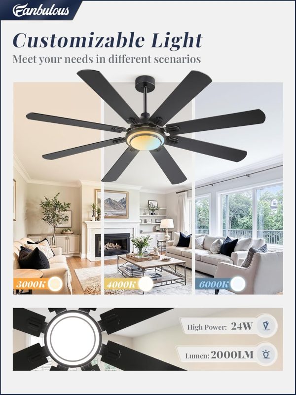 65 Inch Ceiling Fans with Lights and Remote, Black Ceiling Fan with 8 Dual-Color Blades, Indoor/Outdoor Large Ceiling Fans, Reversible DC Motor, 6-Speed, 3CCT for Living Room Kitchen Patio