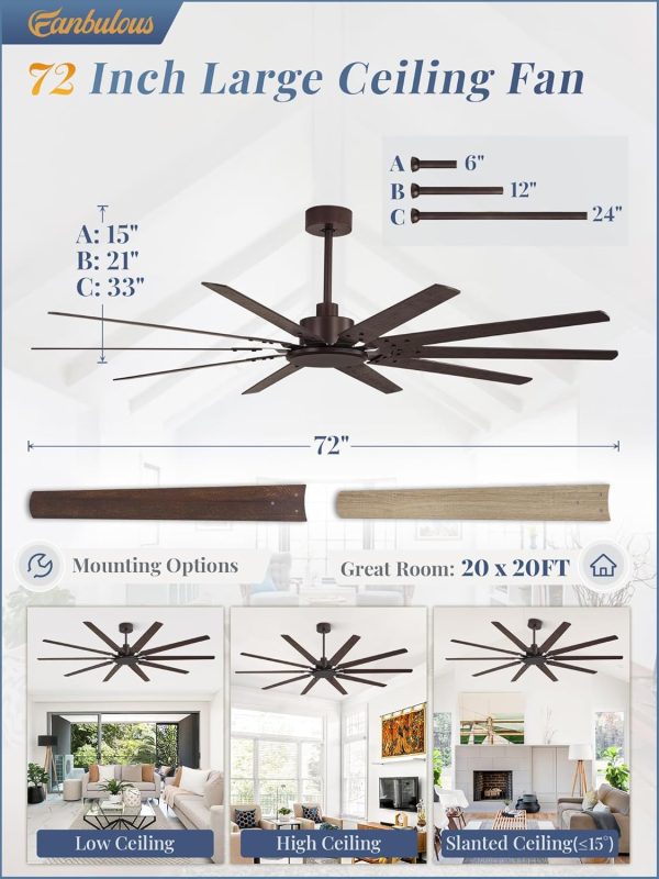 72 Inch Large Ceiling Fan Without Light, Modern Indoor/Outdoor Ceiling Fans No Light with Remote,6-Speed Reversible Quiet DC Motor, 10 Blade for Bedroom,Living Room,Patio,Garage(Oil Bronze)