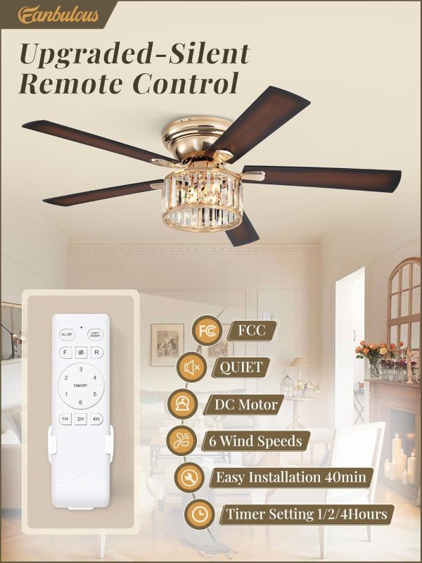 56 Inch Crystal Fandelier Ceiling Fan with Light, Gold Modern Ceiling Fan with 6-Speeds, Quiet Reversible DC Motor, Flush Mount Ceiling Fans with Lights for Bedroom, Living Room