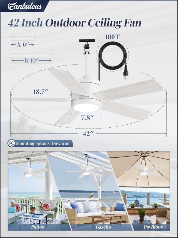 42 In Outdoor Ceiling Fan Hanging Fan Ceiling Fans with Light, Remote, Outdoor Plug in, IP65 Waterproof, Wet Rated, 6 Speed, 3CCT, for Patios, for Outside Porch, Gazebo,White