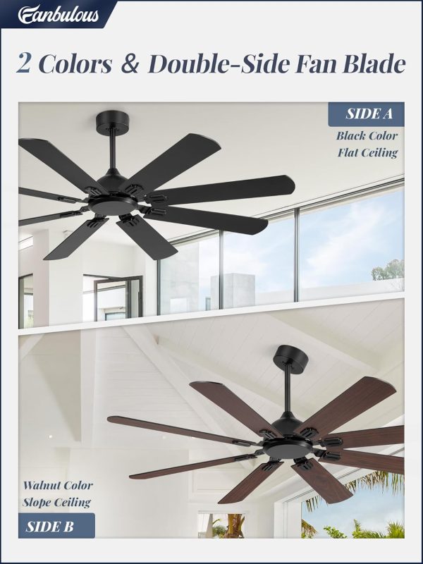 62 Inch Ceiling Fans No Light with Remote, Modern Ceiling Fan Without Light, Dual Finish 8 Blades, Reversible Quiet DC Motor, 6 Speed, Large Ceiling Fan for Indoor or Covered Outdoor, Black