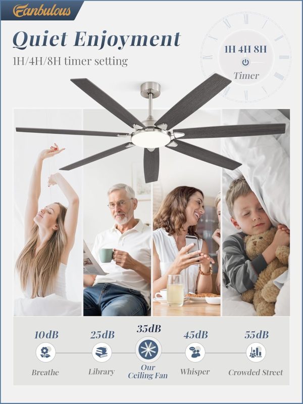 72 Inch Large Ceiling Fans with Lights, Nickel Modern Ceiling Fan with Quiet DC Motor, 3CCT, Indoor/Outdoor Ceiling Fan with Dual Finish Reversible 7 Blades, Timer for Living Room, Patio